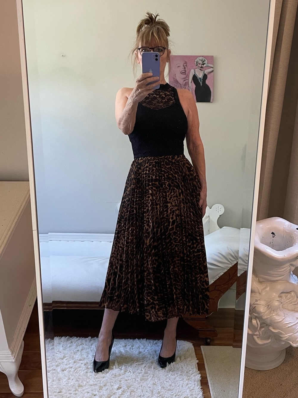 TRUTH BROWN BLACK LEOPARD PRINT PLEATED ACCORDION MIDI SKIRT STRETCH WAIST LINED